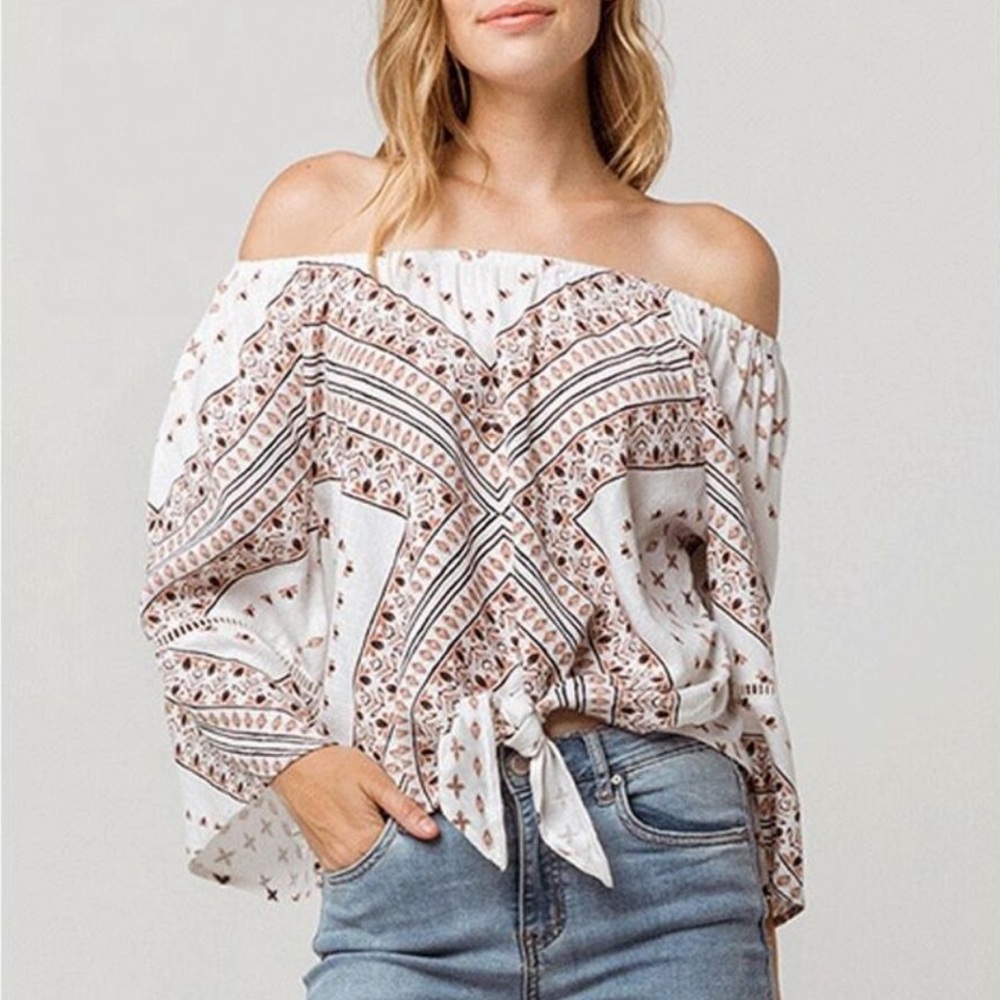 O’Neill Flowy Boho Beach Surf Front Tie Blouse Off Shoulder Top Sz S